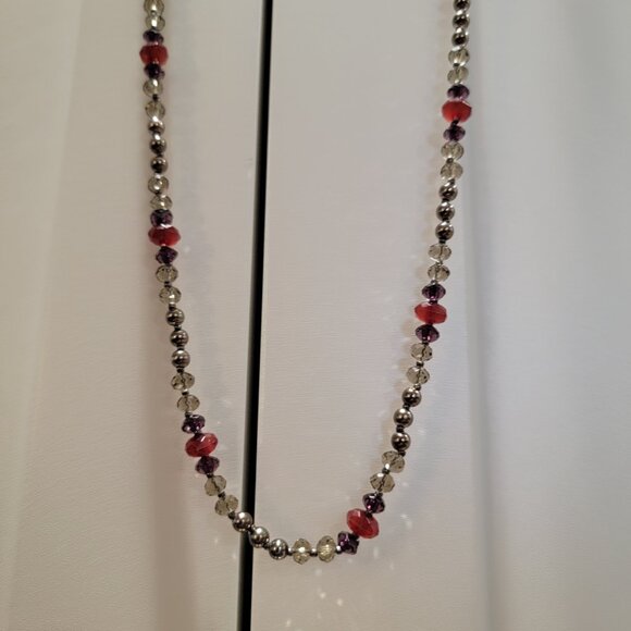 Vintage Red Necklace Gray Burgundy Beaded Crystal Cut Boho Chic 24, 12, 8 inches - Picture 7 of 10